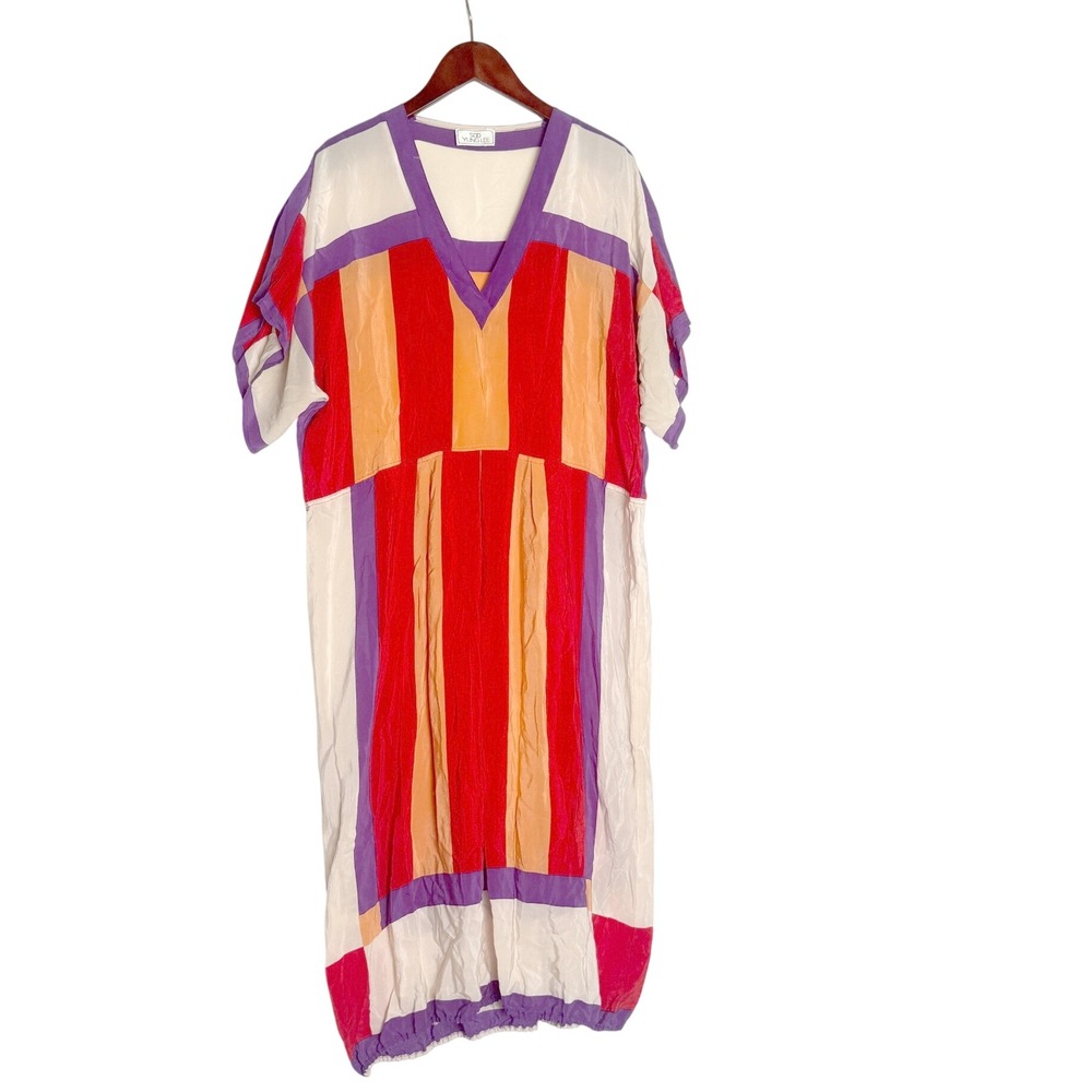 Vintage Soo Yung Lee Colorblock Striped Elastic Hem Silk Midi Dress 70's 80's